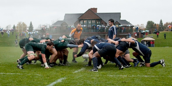 The 2009 Dartmouth Rugby Football Club vs. Yale on Brophy Field at the Corey Ford Rugby Clubhouse. (photo by Joseph Mehling ’69)