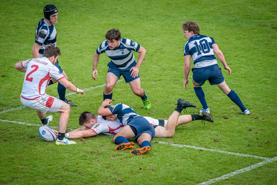 Yale players attack the ruck in Bermuda