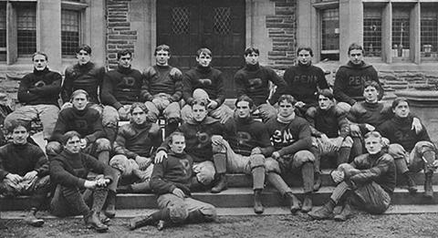 the undefeated Penn Rugby Football team was photographed in front of Houston Hall