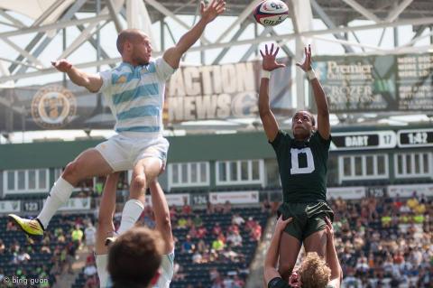 James Sharpe '14 winning a lineout in UCLA territory. Photo: Bing Guan '14.