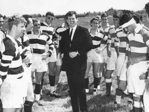 Former Harvard Rugger Ted Kennedy visits with the Boys in Green